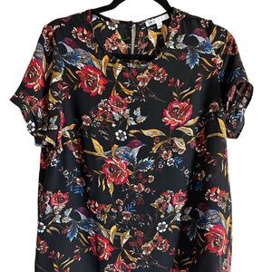 DR2 Black & Red Breezy Floral and Birds Dressy  Top -‎ Size Medium